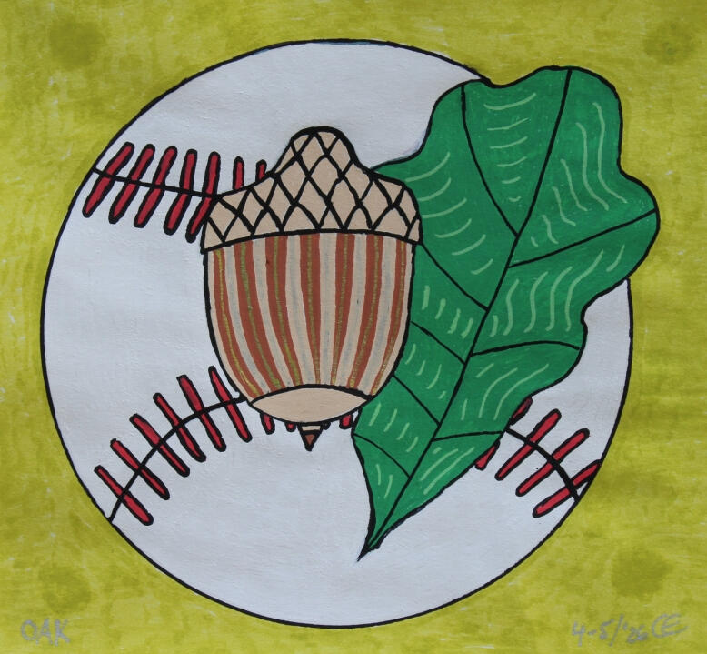 “OAK” (watercolor &amp; marker, 2026) The Story: Donated to Only Athletes Know’s annual “Big Oak Home Run Derby.” This piece celebrates enthusiasm, growth, and the spirit of a young athlete, helping raise funds to support youth sports programs.